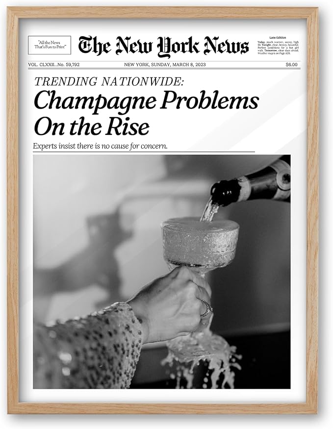 iHery 8x10in Champagne Problems on the Rise Framed Newspaper Art | Natural OAK Wood Frame with Canvas Print, Vintage Champagne Decor for Bar Cart, Kitchen, Living Room and Bathroom, 1Pack