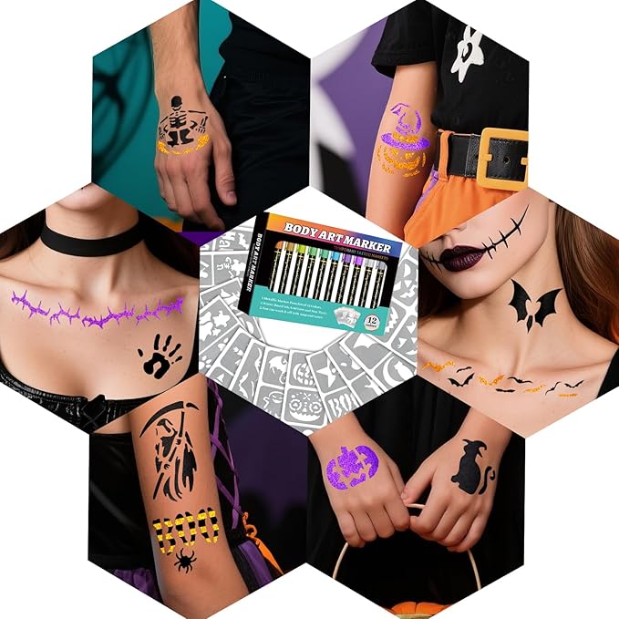 Temporary Tattoo Markers for Skin, 12 Metal Body Markers + 169 Tattoo Stencils for Kids Adults, Flexible Brush Tip, Bright Colors, Cosmetic-Grade Tattoo Ink, Halloween Costume Party Face Makeup