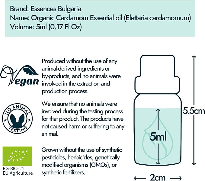 Essences Bulgaria Cardamom Essential Oil 5ml (0.17 Fl Oz) | Elettaria cardamomum | 100% Pure, Natural, Undiluted | Aromatherapy, Cosmetics | Vegan, Non-GMO, Cruelty-Free