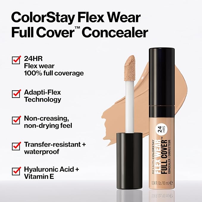 Revlon ColorStay Flex Wear, Full Cover Non-Creasing Concealer, Infused with Hyaluronic Acid & Vitamin E, Flexible Longwear, 077 Cinnamon, 0.34 Fl Oz