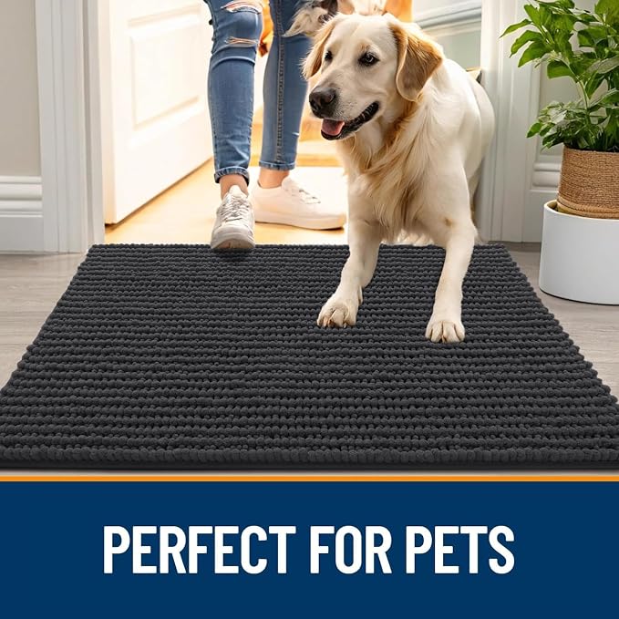 OLANLY Dog Door Mat for Muddy Paws 59x35, Extra Absorbent Chenille Mud Mat | Dark Grey, Absorbs Moisture and Dirt, Non-Slip Machine Washable Doormat, Quick-Drying Indoor Entryway Floor Mat for Dogs