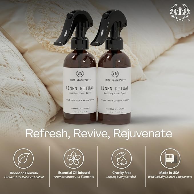 Muse Apothecary Linen Ritual - Aromatic, Soothing, and Relaxing Linen Mist, Laundry and Fabric Spray - Infused with Aromatherapy Essential Oils - 8 oz, Cara Orange + Fig + Blackberry Vanilla