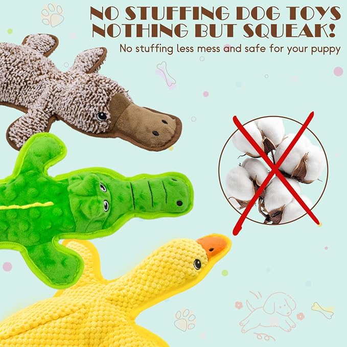No Stuffing Dog Squeak Toys, 3 Pack Chew Toys for Small to Large Puppies | Durable Puppy Teething Toys, Interactive to Keep Pets Busy, Toss Fetch Tug Play, Best Birthday Gift