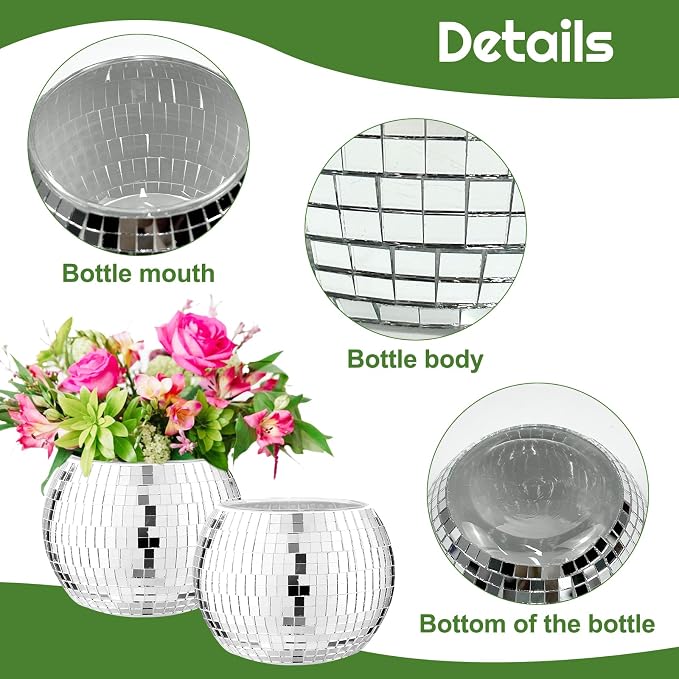 6 Pcs Silver Mirror Disco Vase - 3" X 4" Disco Ball Vase for Centerpieces, Glass Planter Candle Holder for Wedding, Birthday, Party, Office, Bedroom