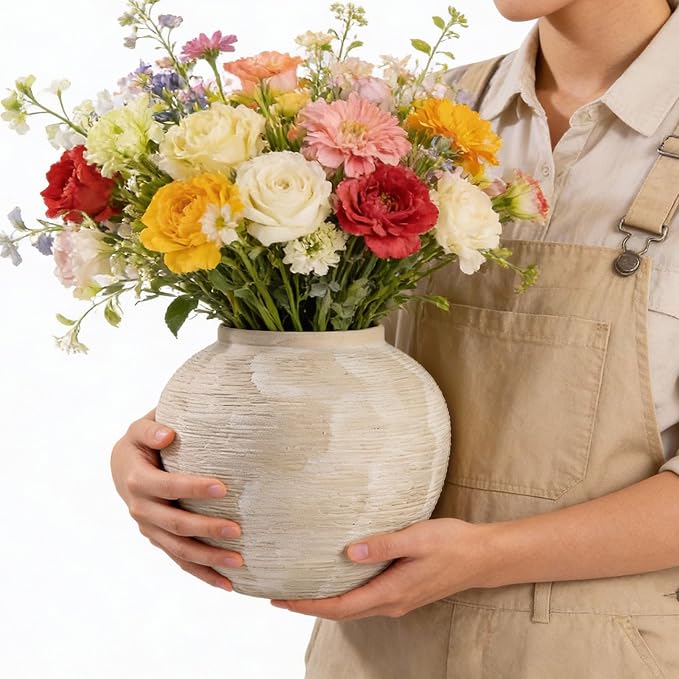 Rustic Ceramic Vintage Farmhouse Vase for Decor (Large Ribbed Whitewash) | 8.8'' Boho Decorative Vase for Home Decor, Round Clay Terracotta Bowl vase for Living Room, Table, Shelf, Centerpieces