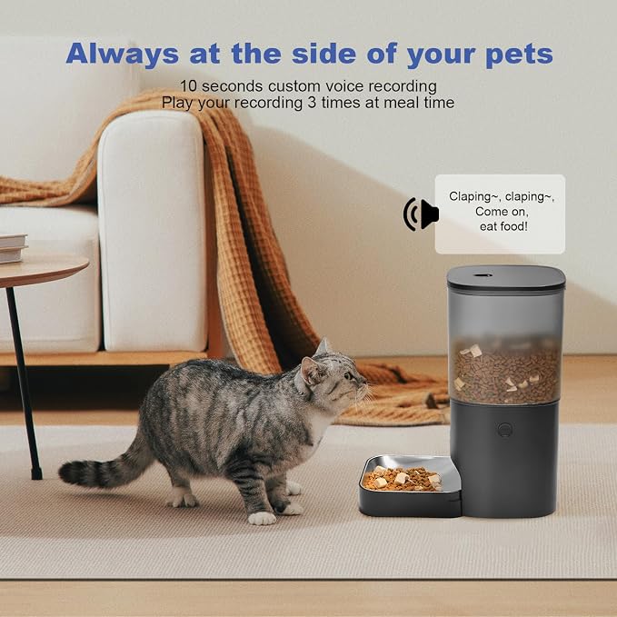 Automatic Cat Feeder, 6L Cat Food Dispenser with 10s Voice Recorder, Pet Feeder up to 8 Meals per Day, Timed Feeder with Dry Food Sealed Ring (Black)
