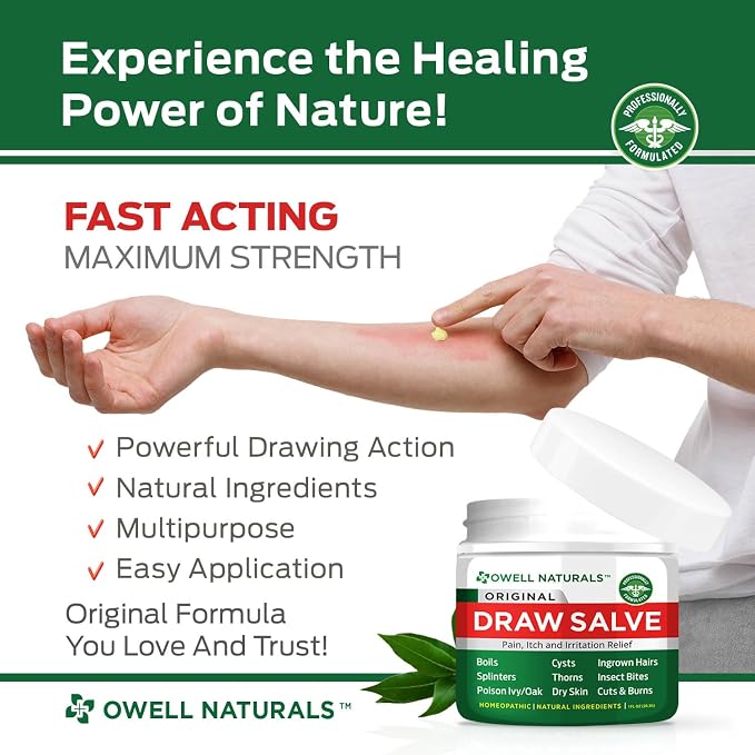 OWELL NATURALS Drawing Salve Ointment for Boil & Cyst Removal, Deep Ingrown Hair, Splinter Remover, Bug Spider Bites, Bee Sting, Mosquito Itching, Poison Ivy