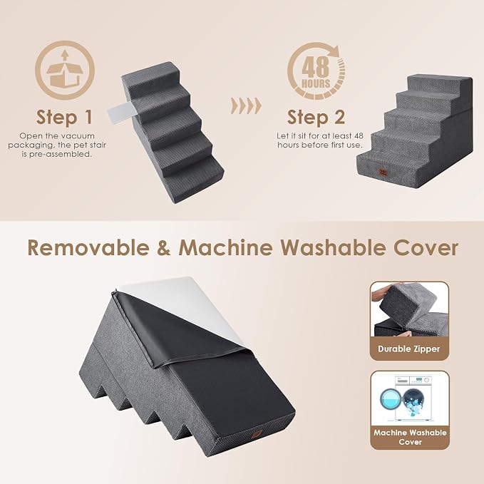 EHEYCIGA Dog Stairs for High Bed 25" H, Extra Wide Dog 5-Step, Grey | Pet Steps for Small Dogs and Cats for Bed, Non-Slip Balanced Pet Ramp Indoor