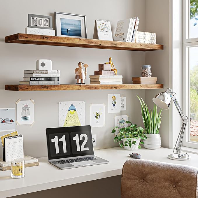 Fixwal Floating Wall Shelves for Decor (Rustic Brown, Set of 2, 47.2Inch) | MDF Shelf with Metal Brackets, Space Saving for Books , Decor, Fits Bathroom, Kitchen, Bedroom, or Office