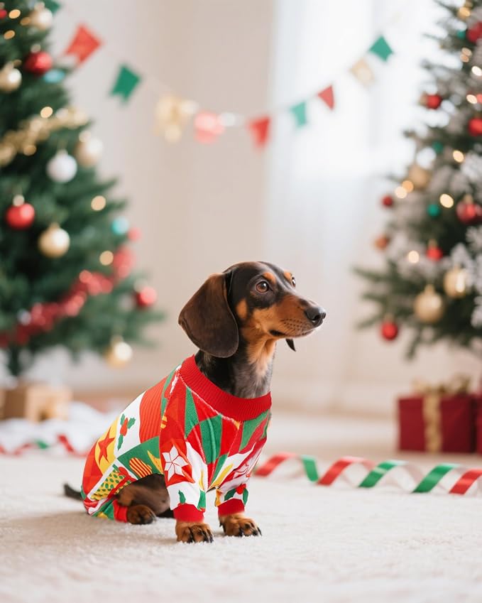 PET SHOW 4 Pack Christmas Fleece Dog Pajamas Warm for Medium Dogs | Soft stretchy dogs onesies,boy girl pjs with sleeve,holiday jumpsuit costume for small pets,L