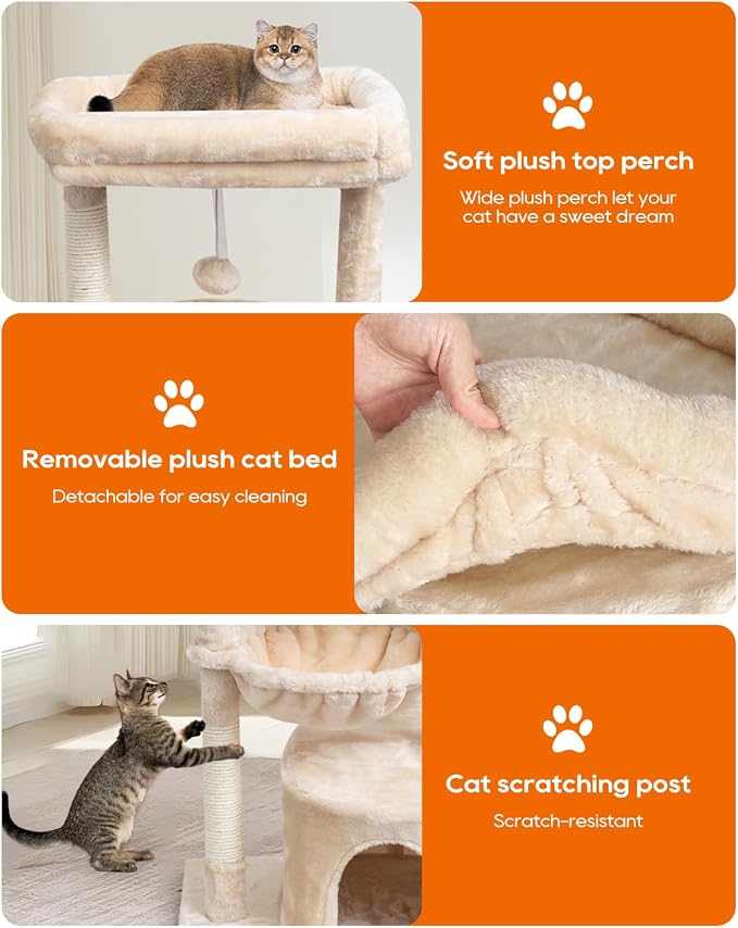 SYANDLVY Small Cat Tree for Indoor Cats, Kittens Condo with Scratching Post | Modern Activity Tower with Cradle & Hanging Ball for Play Rest, Beige