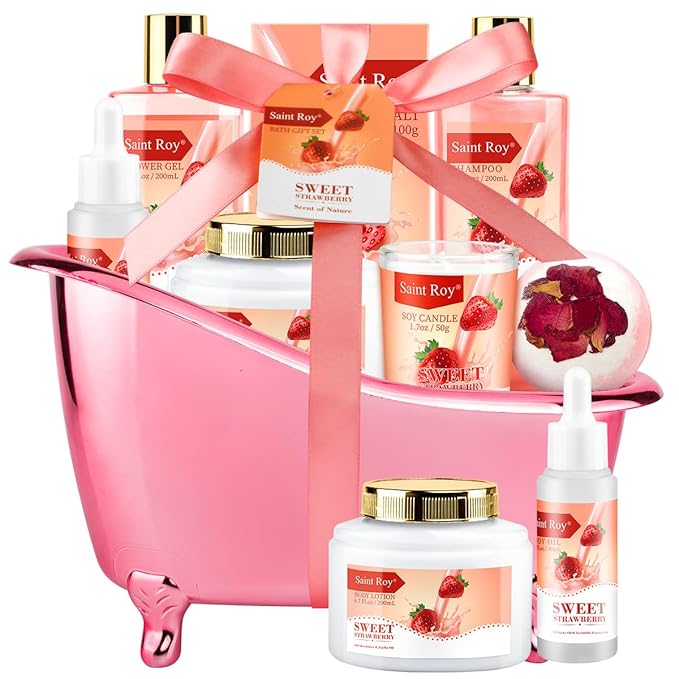 Mothers Day Gifts, Spa Kit for Women, Bath & Body Gift Set, Home Spa Bath Gift Basket, Strawberry Scented Bath Set Christmas Gifts, Pamper Kit for Girls & Teens, Birthday Gift, Bath Self Care Gift