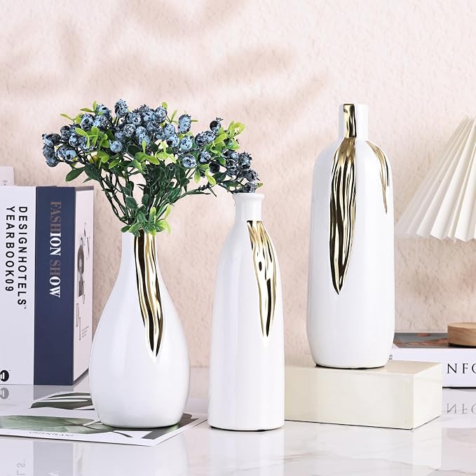 White and Gold Vase Set of 3, Modern Ceramic Decorative Vases for Living Room, Bedroom, Art Decor, Mantle, Home Event Decor, Office Decorative, Weddings, Rustic & Farmhouse (White Gold)