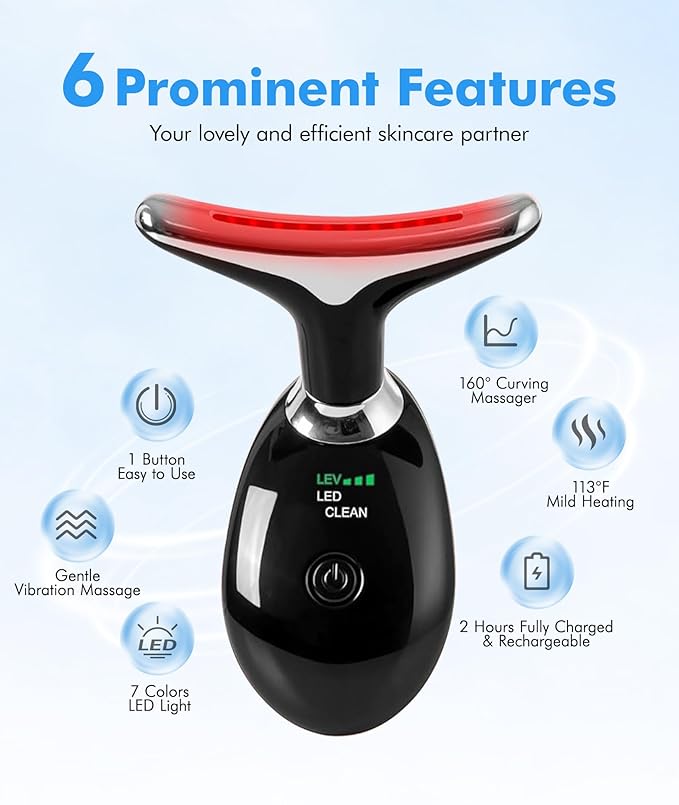 SDKWDH Red-Light-Therapy-for-Face-and-Neck, 7 Color Face Massager Tool for Wrinkles, Double Chin, Vibrating Facial Massager with Thermals for Skin Care, Glossy Black