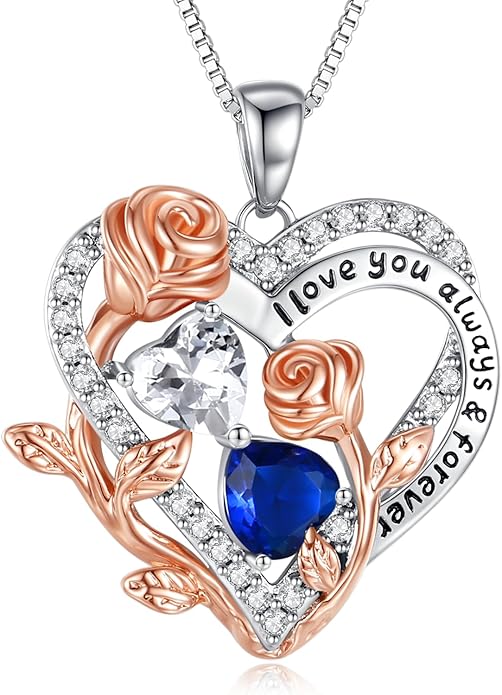 I Love You Birthstone Necklace, 925 Sterling Silver Heart Pendant with CZ Diamond Stones, Birthday Gifts for Women, Romantic Gift for Wife, Girlfriend, Her, Anniversary, Valentine's Day, Christmas