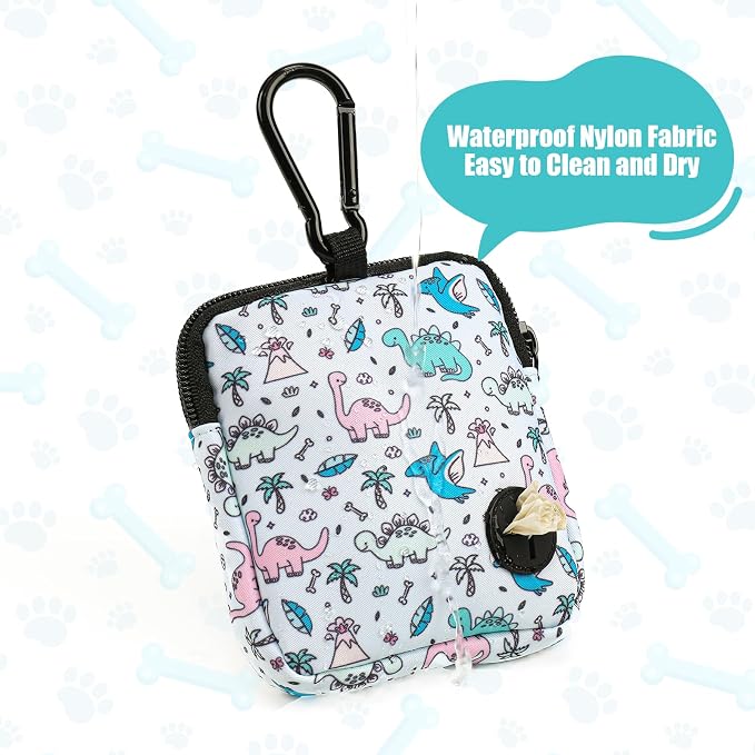 Dog Treat Pouch with Training Clicker,Waterproof Nylon Fabric Poop Bag Holders for Leashes,Hands Free Small Dog Walking Bag with Carabiner, Pet Puppy Training Walking Essentials (Dinosaur)