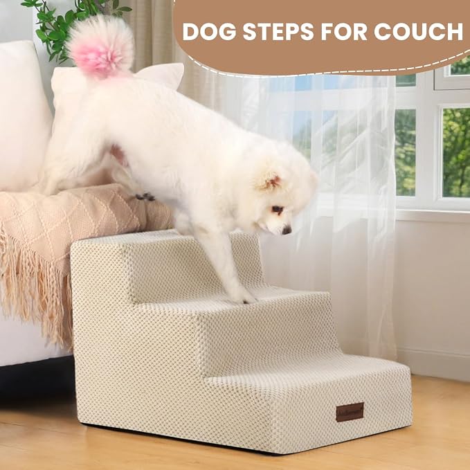 Aodisman Dog Stairs for Small Dogs & Cats,3-Step Pet Steps for Couch & Bed | High-Density Foam Dog Steps with Anti-Slip Bottom,Easy for Puppies,Older Cats & Dogs to Reach Sofas & Chairs,Beige,13.6" H