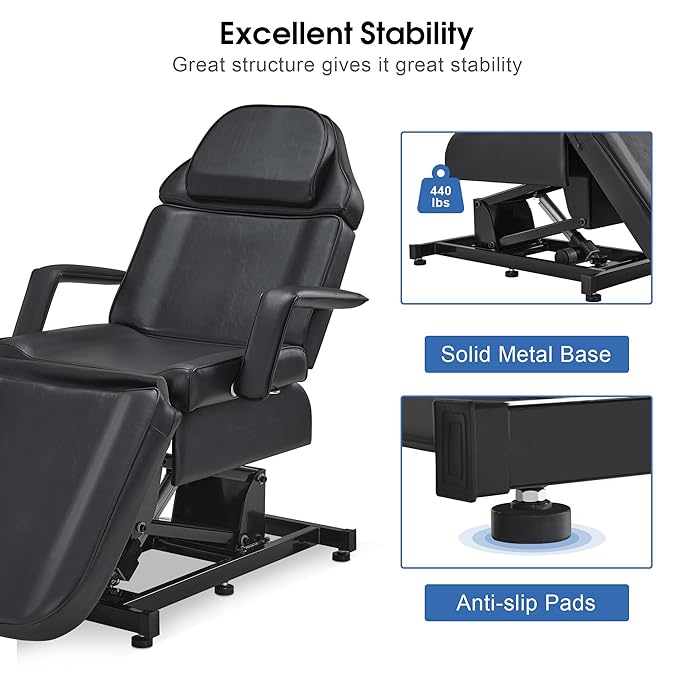 BarberPub Fully Electric Facial Bed with 3 Motor for Esthetician, Electric Tattoo Chair for Client, Facial Bed for Esthetician, Electric Adjustment 2751 (Black, Height (Flat): 25.2"–37")