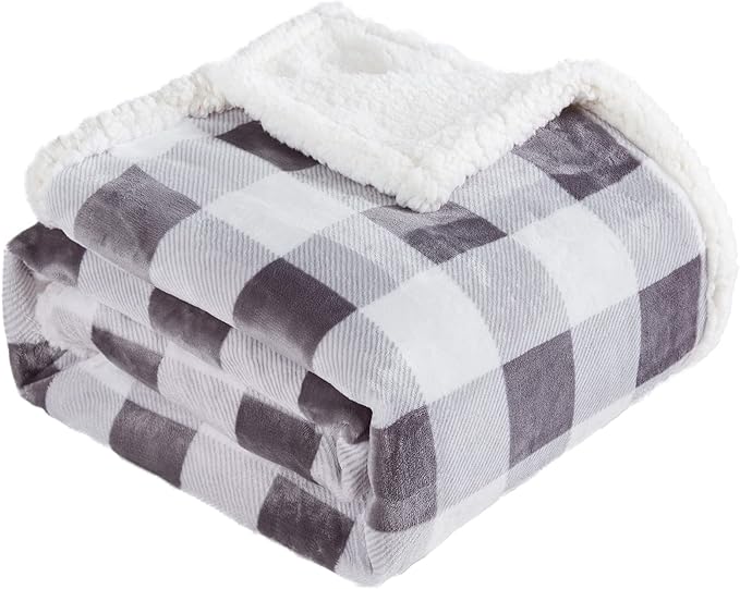 Sherpa Plaid Twin Blanket 60" X 70", Fuzzy Fluffy Soft Cozy Throw Blanket, Twin Size Plush Fleece Flannel Plush Microfiber Blanket for Couch Bed Sofa (Grey)