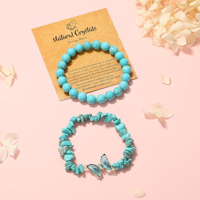 DUQGUHO 2Pcs Butterfly Bracelets for Women Healing Crystals Bracelets for Women Natural Gemstone Bead Bracelet Cute Butterfly Charm Bracelet Stretch 8mm Crystal Jewelry Gifts for Women