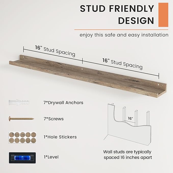 Picture Ledge Shelf, Floating Shelves for Wall, 48" W Set of 2, Grey | FSC Certified Engineered Wood, Wall Mounted Bookshelf, for Nursery Living Room Bedroom, Pre-Drilled, Easy Install