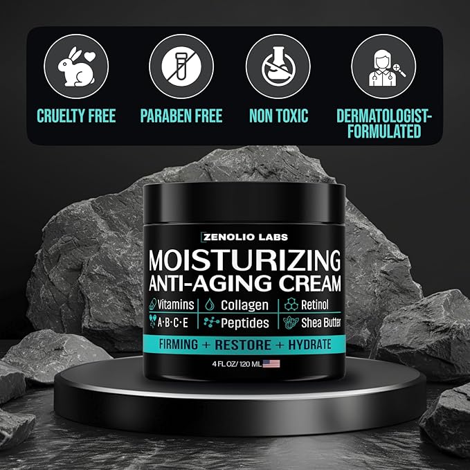Mens Face Moisturizer Cream - Anti Aging & Wrinkle Face Cream - Mens Facial Moisturizer - Retinol, Collagen, Peptides, Vitamins E & A - Facial Skin Care - After Shave Lotion - Day & Night - 4 oz