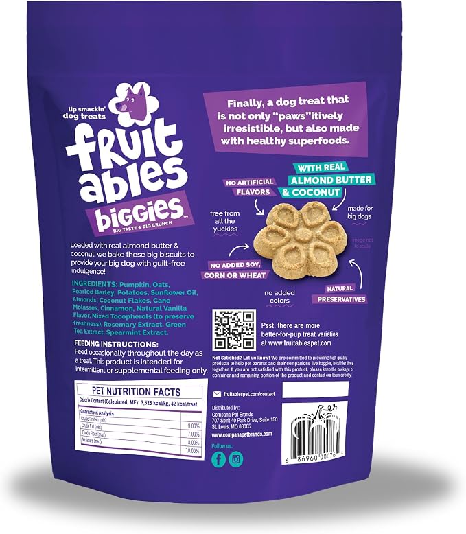 Fruitables Biggies Dog Biscuits, Pumpkin Treats for Dogs, Healthy Doggie Biscuits, Crunchy Treats, No Wheat, Corn or Soy, Made in the USA, Almond Butter and Coconut Flavor, 16oz