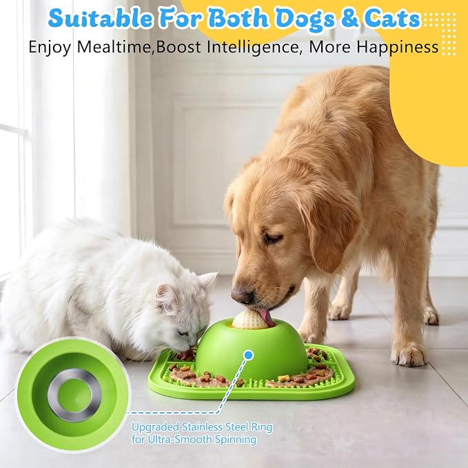 Slow Feeder Dog Bowls & Lick Mat for Liquid and Thick Treat, Anti-Slip Dog Lick Bowl with Interactive Rolling Ball, 5/6 Cup Pup Licking Toy for Large Medium Small Dogs and Cats-Large Green