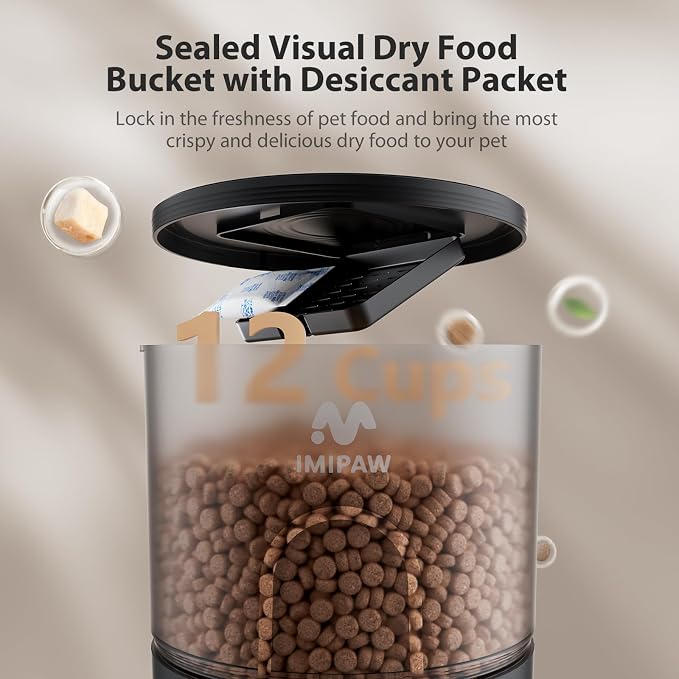 IMIPAW Automatic Cat Feeders, 3L Timed Cat Dry Food Dispenser, Dual Power Supply, Programmable Portion Size, 1-6 Meals Per Day, Auto Pet Feeder for Cats and Small Dogs, with Desiccant Bags