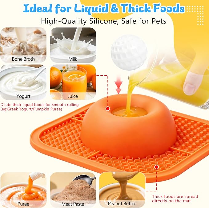 Slow Feeder Dog Bowls & Lick Mat for Liquid and Thick Treat, Anti-Slip Dog Lick Bowl with Interactive Rolling Ball, 5/6 Cup Pup Licking Toy for Large Medium Small Dogs and Cats-Large Orange