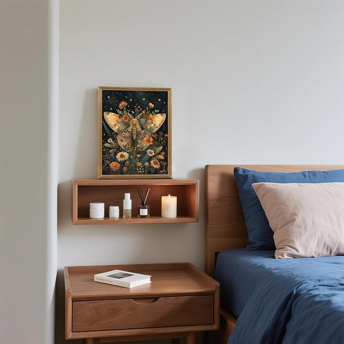 ICHZUMW Framed William Morris Moth Floral Vintage Canvas Wall Art 8x10 In | Dark Cottagecore Prints, Antique Aesthetic Celestial Wall Decor for Bedroom Living Room Bathroom Office, Ready to Hang