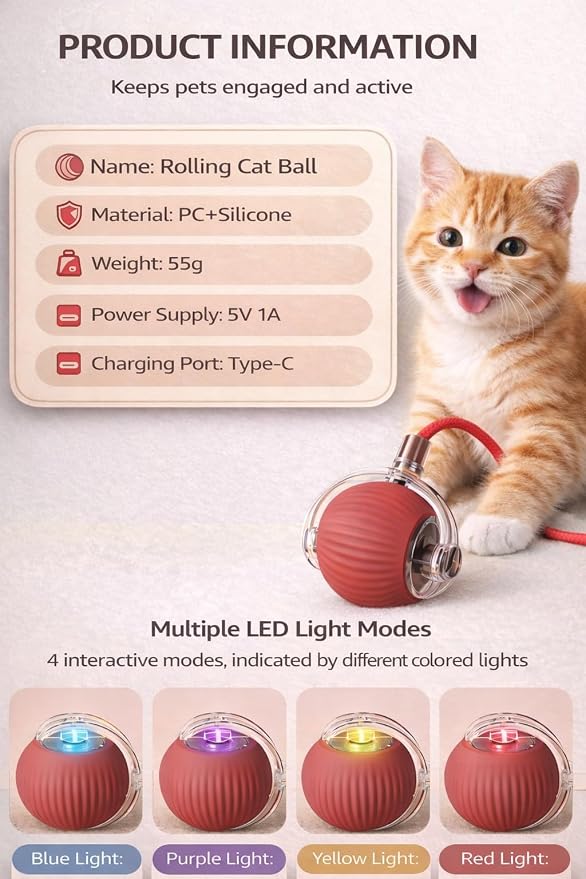 Interactive Rolling Cat Ball Toy with String, Motion Activated Automatic Cat Toy, USB Type C Rechargeable LED Light Pet Toy for Indoor Cats (Red)