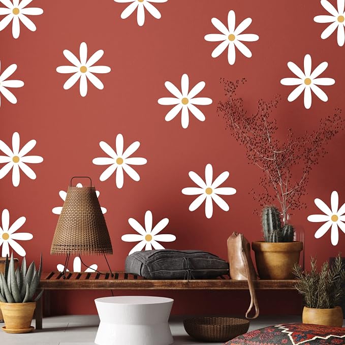 TaoBary 12 Sheet Daisy Wall Sticker Decal,White, Yellow,Fresh Style | Big Flower Wall Sticker, Pink White Floral Decal, Daisy Bedroom Room Decor, Removable Peel and Stick, Nursery Home Wall Decor