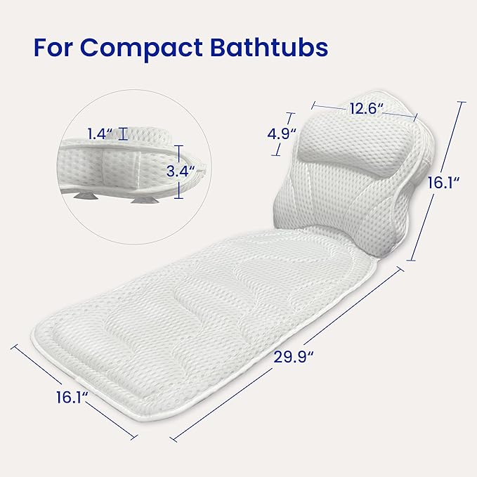 Tevanas Bath Pillows for Tub Full Body, Large Mesh tub Pillow for Bathtub for Head, Neck and Back Support with Laundry Bag and Hanger for Quick Drying White