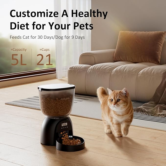 Automatic Cat Feeder, 5L/21 Cup Timed Cat Dry Food Dispenser, Automatic Pet Feeders Dual Power Supply, 6 Meal Programmable 1-20 Portion Cats Feeder, Auto Dog Feeders, Pet Food Dispenser for Cats,Puppy