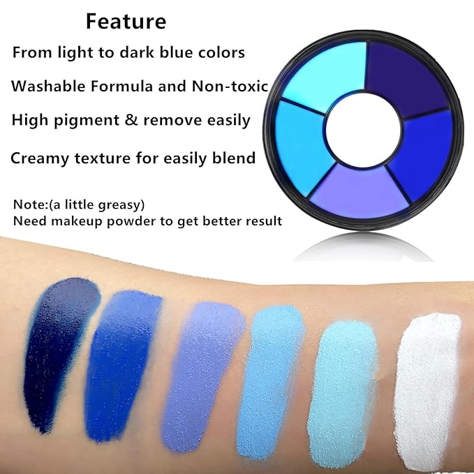 Go Ho 6 Colors Blue Face Body Paint,Cream Washable Formula Face Painting for Halloween Cosplay,Body Paint FX Makeup Palette,Professional Face Paint Blue Makeup
