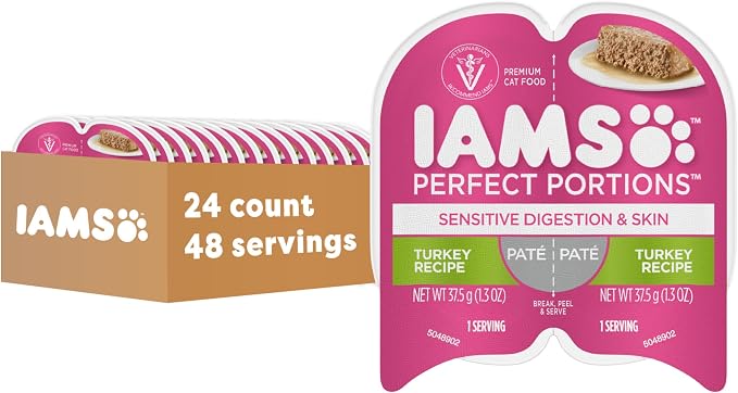 IAMS Perfect Portions Sensitive Skin Pate Wet Cat Food, Turkey, 24 Count | Grain-free, Omega 6 & 3 Fatty Acids, prebiotics & beet pulp for digestion, snap-peel-serve 2.6 oz. twin-pack trays