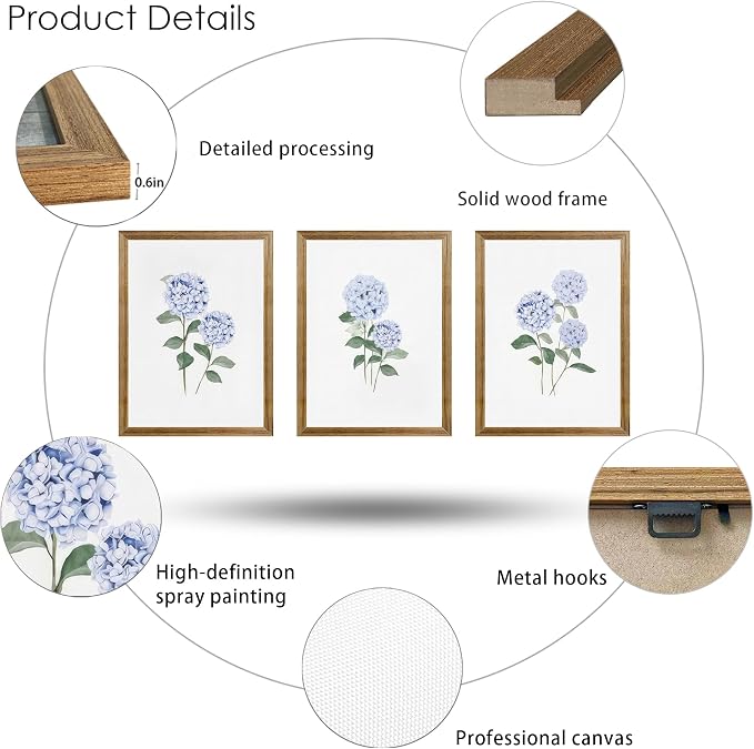 WRFON Blue Hydrangea Framed Wall Art Set of 3, Watercolor Floral Botanical Canvas Prints, Minimalist Flower Wall Decor for Dining Room Living Room Bedroom, Wood Frame 16x24 Inch