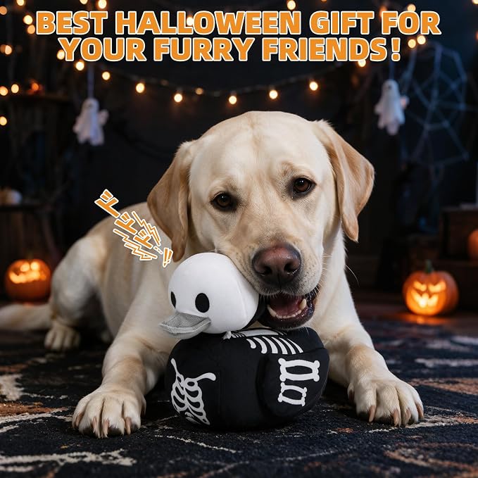 KOOLTAIL Halloween Squeaky Dog Toy, Skeleton Duck‑Shaped Interactive Durable Plush Toy with Crinkle Paper for Moderate Chewers, Toss & Fetch, Indoor Outdoor Cuddle Buddy for Small Medium Large Dogs