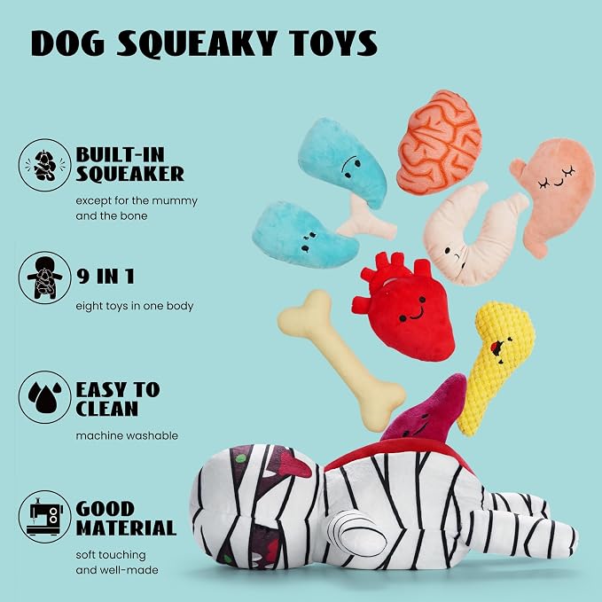 Nocciola Halloween Zombie Mummy Dog Toys with Organs: Funny Cool Hide and Seek Squeaky Chew Toys for Puppies, Small and Medium Size Breed, Plush Stuffed Cognitive Puzzle Toys for Training