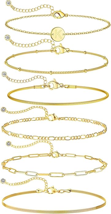 Bracelets for Women, 14K Gold Plated 6PCS Letter A-Z Stackable Jewelry Set for Adjustable 6"+2"