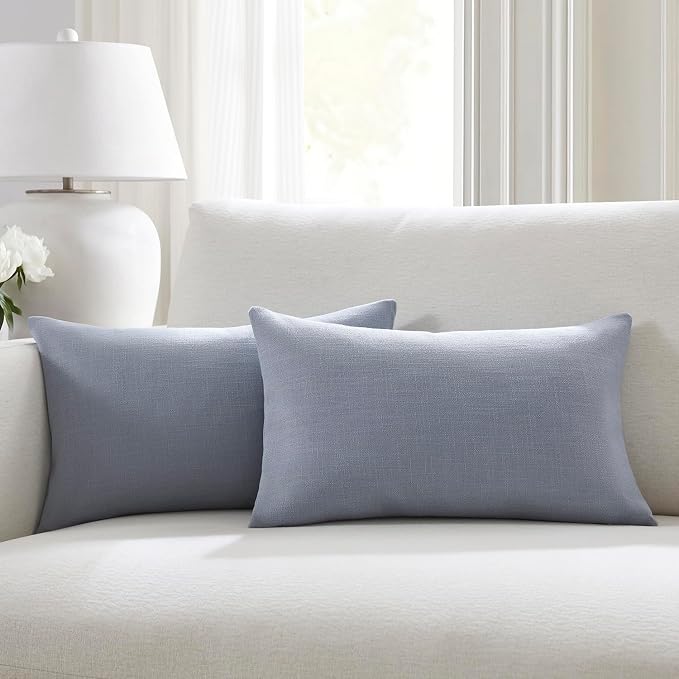 Meekio Set of 2 Dusty Blue Throw Pillow Covers 12x20, Modern Farmhouse Linen Blend Decorative Pillow Covers for Couch Sofa Bed, Neutral Home Decor
