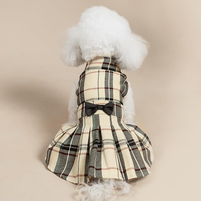 PUPTECK Classic Beige Plaid Dog Dress with Bow Puppy Skirt Clothes S | Cute Chic Cat Puppy Clothes for Small Medium Large Dogs Girl Pet Apparel Outfits Costume for Birthday Wedding Party Holiday