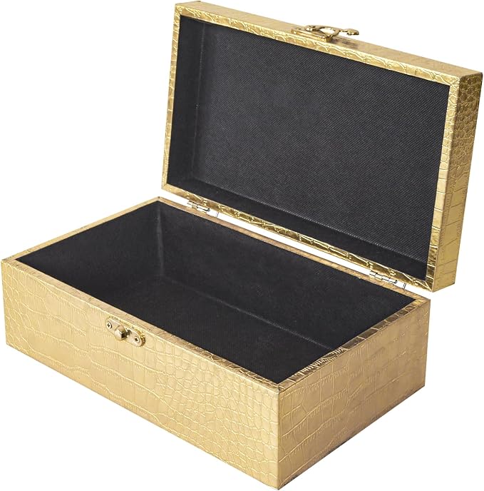 Set of 2 Wooden Decorative Nesting Storage Boxes, Gold Crocodile Leather with Clasp for Home Kitchen Living Room, Ideal Gift for Wedding Memories Jewelry Trinket