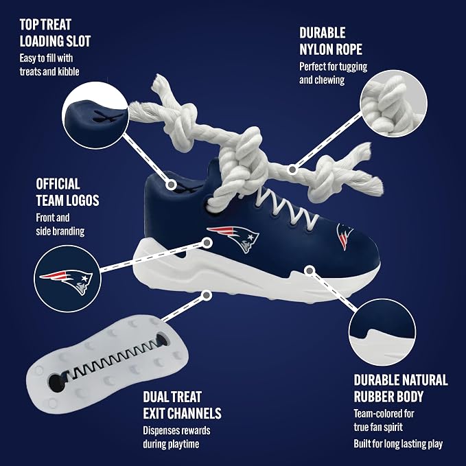 Pets First NFL New England Patriots Cleat Sneaker Spike Dog Toy, Football Treat Dispenser Chew Toy for Dogs, Interactive Rope Tug Toy, Slow Feeder Natural Rubber Dog Toy with Official Team Logo
