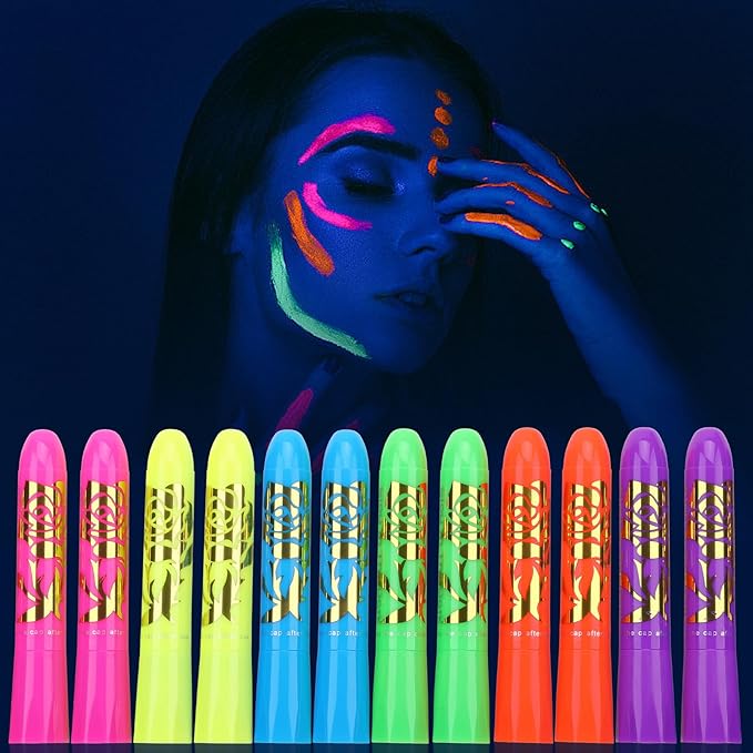 12 PCS Glow Face & Body Paint, Glow in the Blacklight Makeup Neon Face Paint for Halloween Birthday Party