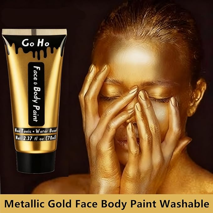 Go Ho Metallic Gold Face Body Paint Washable(2.37oz/pc),Water Based Cream Gold Face Paint,Body Paint for SFX Cosplay Costumes Festivals Halloween Makeup