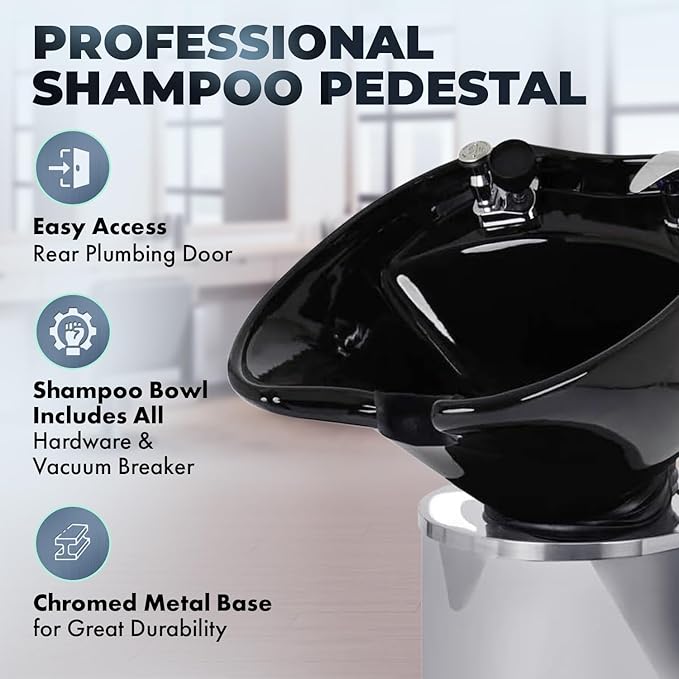 Buy-Rite Paris Pedestal Shampoo Unit – Professional Salon Shampoo Station with Tilting Porcelain Bowl, Silver Base with Black Bowl – Includes Faucet, Spray Hose, Drain & Vacuum Breaker