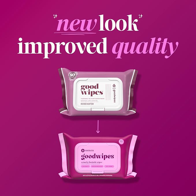 goodwipes Flushable Wipes for Adults - Rosewater Butt Wipes for Women & Men, Septic Safe, Toilet & Bathroom Essentials, Extra Large, 318 Count (6 Packs and 1 Travel Pack)