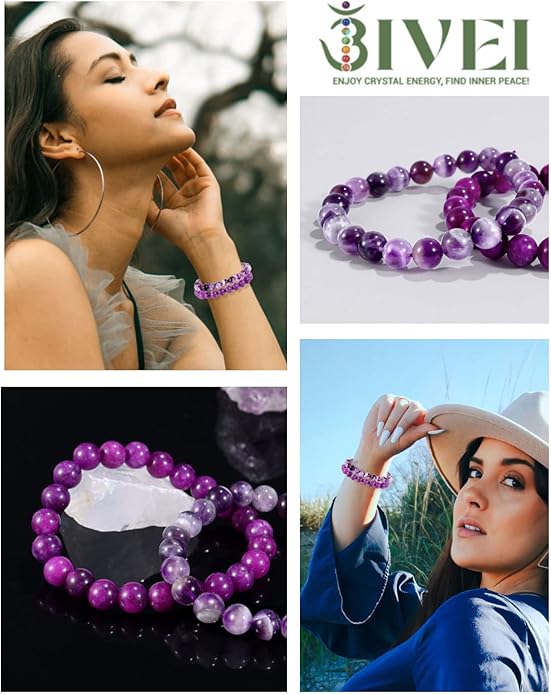 Bivei Natural Gemstone Semi Precious Healing Crystals Handmade Stretchy Round Beads Bracelet,Stocking Stuffers for Women Enhance Positive Energy
